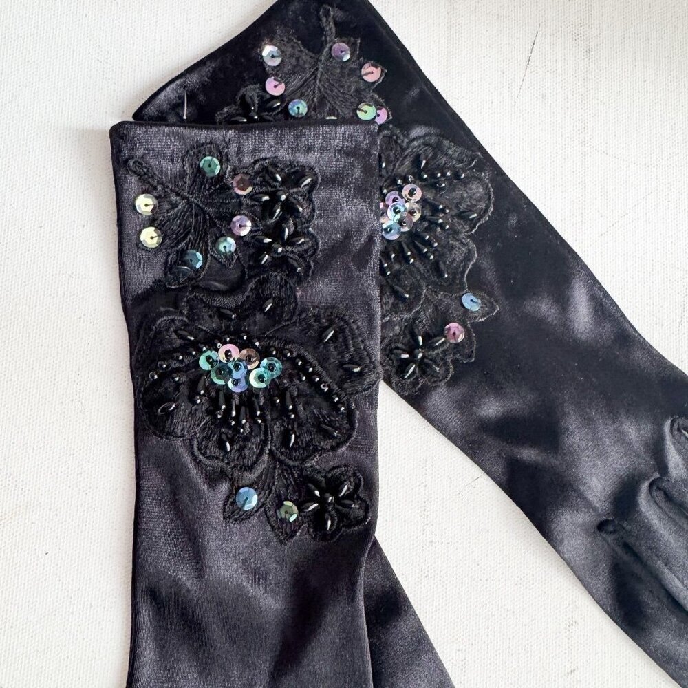 Vintage Black Satin Floral Beaded Embroidered Evening Gloves S - Picture 6 of 8